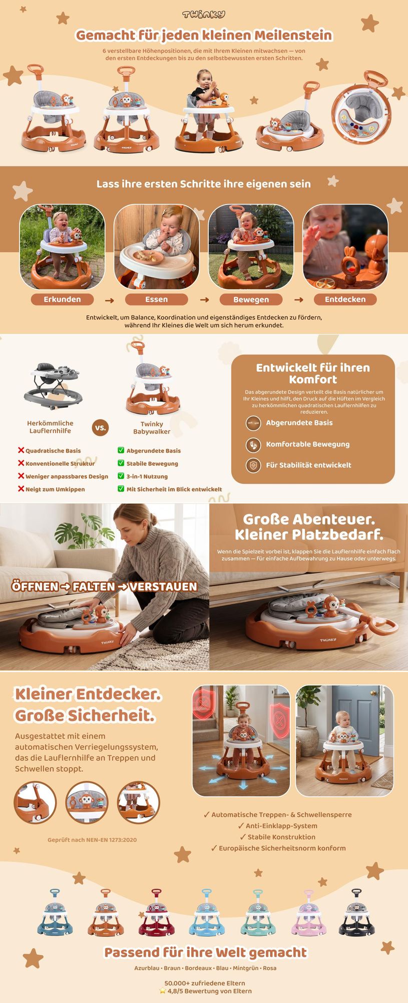 Twinky® Lauflernhilfe in Braun - Lauflernwagen mit Spielset und Zubehör für sicheres und spielerisches Lernen - inkl. Fußmatte und Haltegriff
