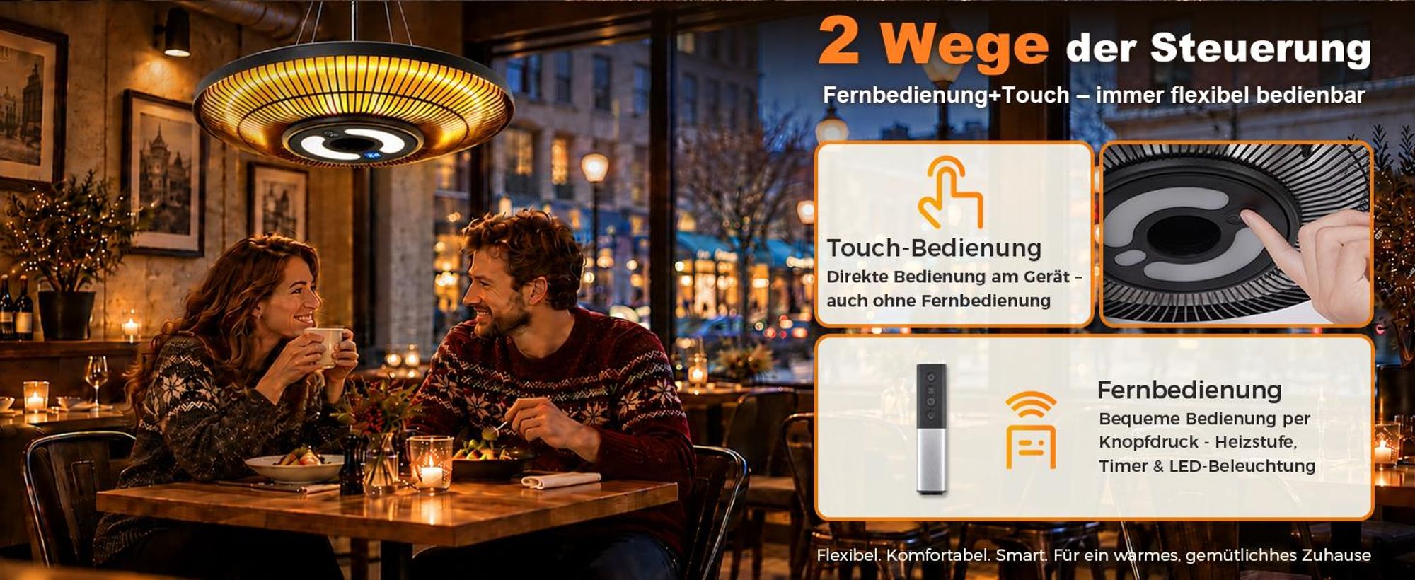 Radiateur infrarouge ZMH 2 en 1 avec lumière,tactile, télécommande, 2000W, indice de protection IP65, écran numérique, minuterie 24h, diamètre 42 cm. Idéal pour les terrasses, les jardins et les salles à manger