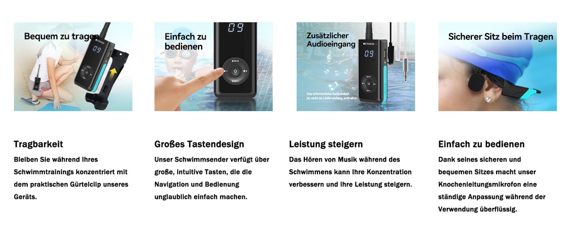 Retekess TT120 Schwimmtrainer-Kommunikator, IP68 Wasserdichte Schwimmkopfhörer, Knochenleitung, 120 m,  für Schwimmtraining (1 Sender, 10Empfänger)