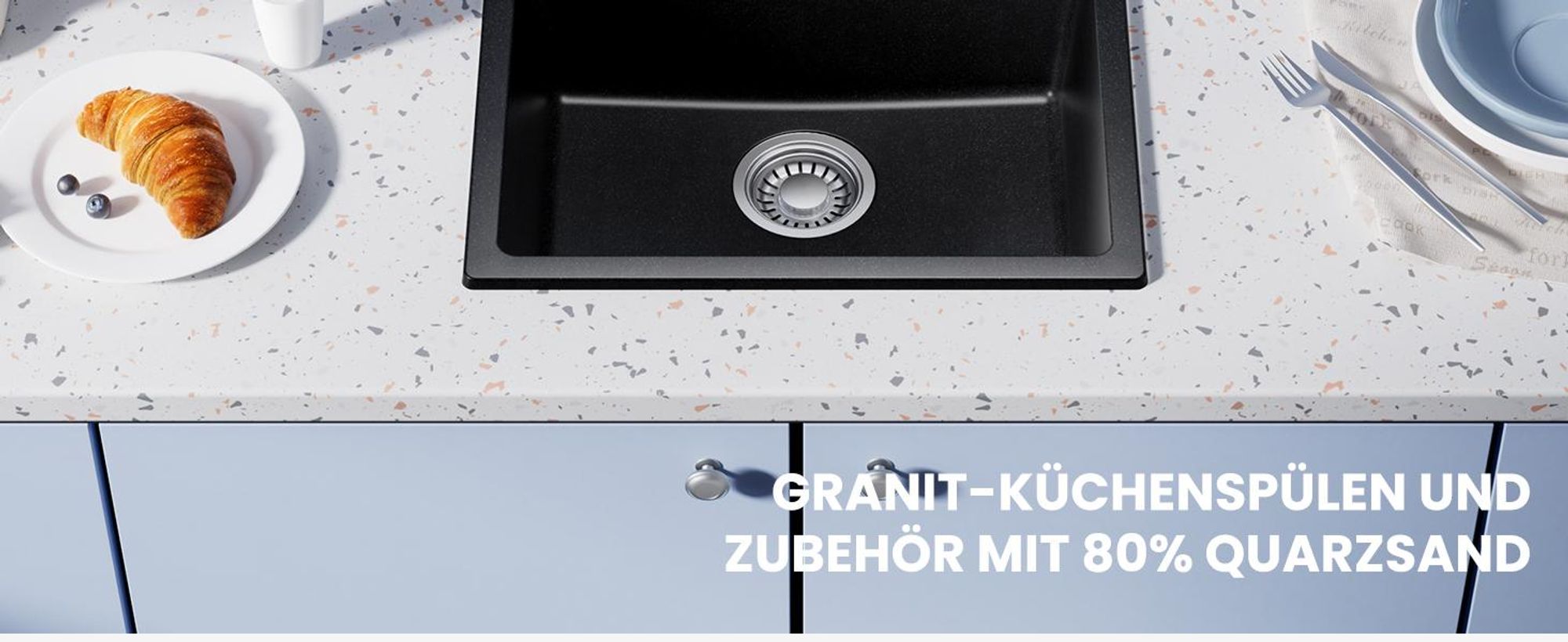 Granitspüle Küchenspüle Granitspüle Küchenspüle 50 x 45 cm Einbauspüle Spülbecken Einzelspüle Mit Siphon Abtropffläche schwarz
