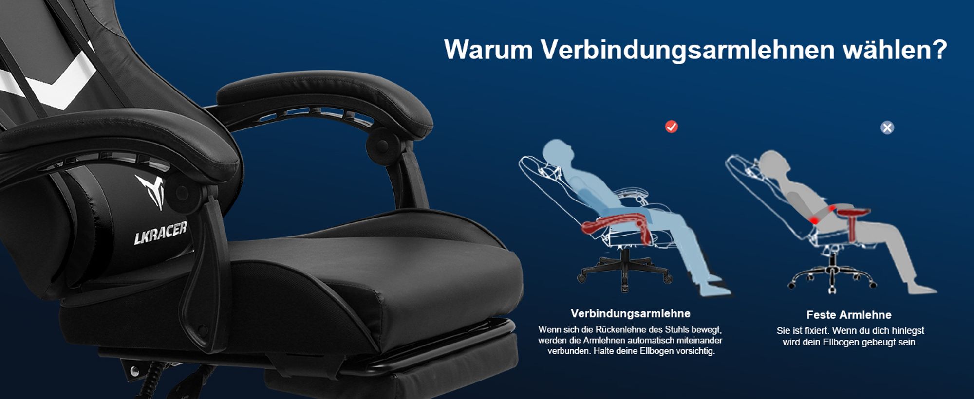 LUCKRACER Gaming-Stuhl Gaming Chair Bürostuhl Ergonomisch mit Lendenkissen Kopfkissen, Höhenverstellbarer Gamer Stuhl 150kg Belastbar, Fußstütze schwarz