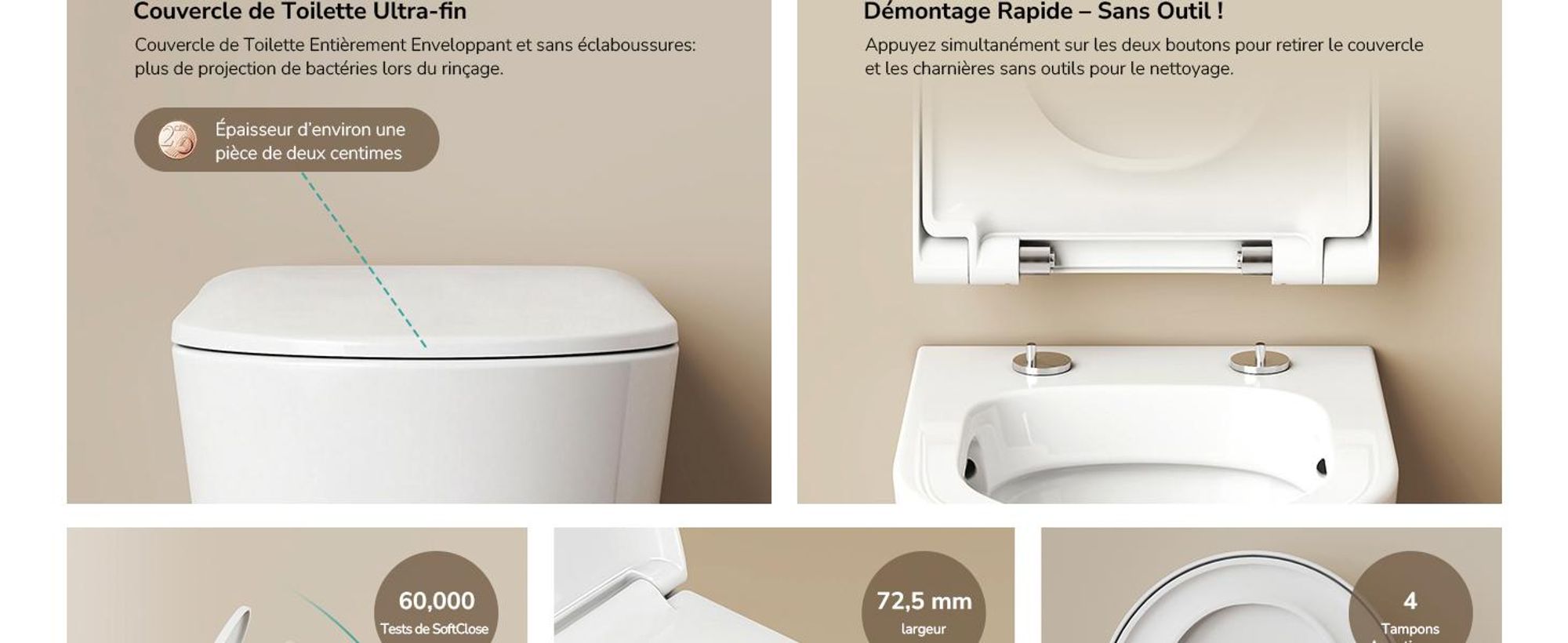 EMKE Toilettes suspendues Céramique Contre-chasse double trou Économie d'eau Montage mural Toilettes avec chasse d'eau directe Couvercle Soft-Close silencieux Blanc brillant