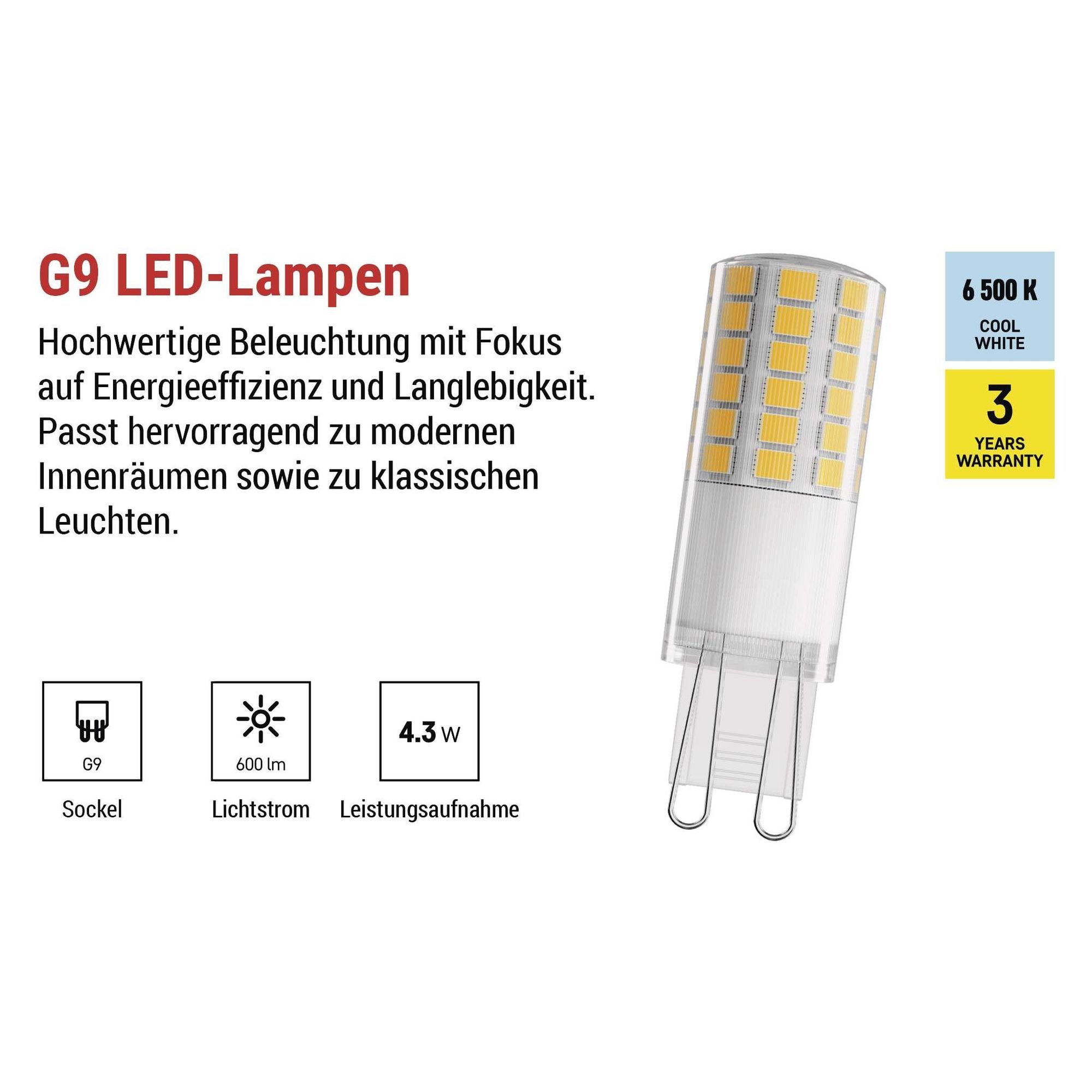 EMOS G9 LED Lampe CLASSIC 4,3 W, ersetzt 48 Watt Halogenlampe, G9 Pin Lampe JC mit Helligkeit 600 Lumen, Warmweiß 3000 Kelvin, langlebig, ZQ9D32