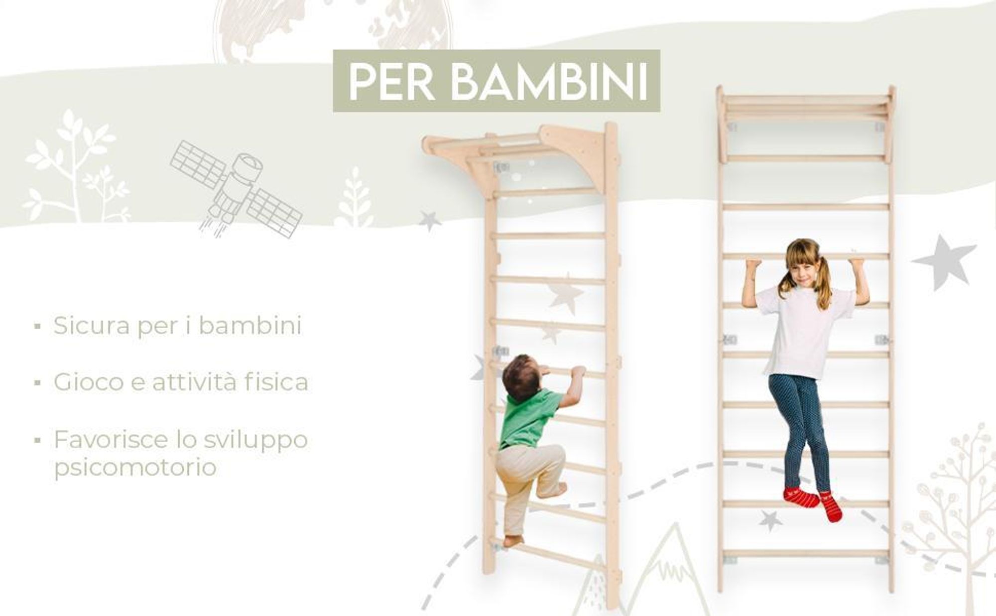 MAMOI Scala da parete ginnica con maniglia per adulti - scala da allenamento in legno (230 cm), Attrezzatura per il fitness, Scala multifunzionale