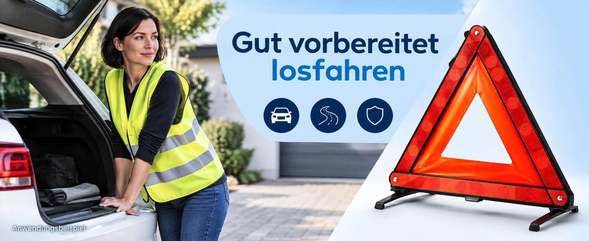 Frau am geparkten Fahrzeug und Warndreieck; Warnweste und Fahrzeug sind Anwendungsbeispiele