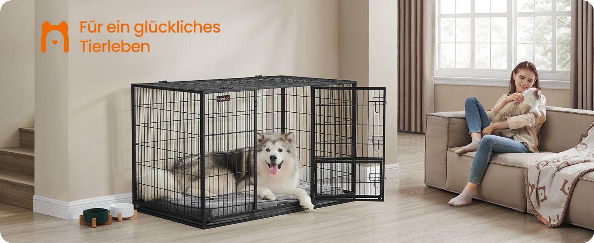 FEANDREA Hundekäfig, Hundebox mit 2 Türen, 139 x 79 x 87 cm