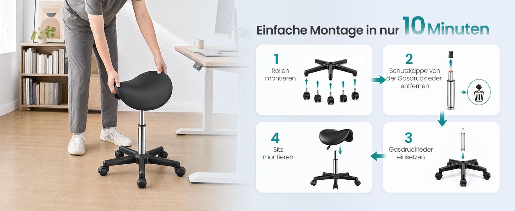 SONGMICS Sattelhocker, Ergonomischer Rollhocker aus Kunstleder, Höhenverstellbar, 56 x 56 x 45-61 cm, Schwarz
