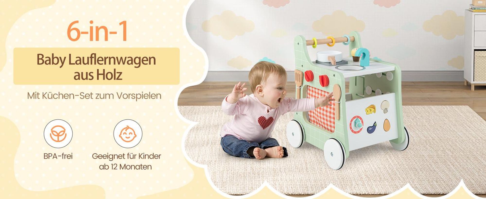 COSTWAY 6 in 1 Lauflernhilfe aus Holz, Lauflernwagen mit Spielküche, Lernuhr, Formanpassung & beweglichem Schieber, Lernspielzeug Aktivitätszentrum mit Rädern für Kinder ab 1 Jahr