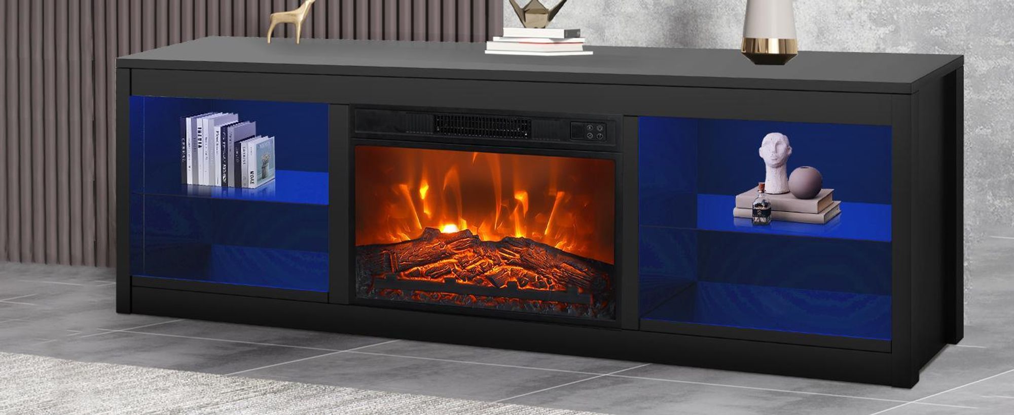 Parrot Uncle Meuble TV pour téléviseur jusqu'à 75 pouces, MDF, noir , avec cheminée électrique 24" et barre de LED changeant de couleur, 168 x 42 x 56 cm, capacité de charge 54 kg