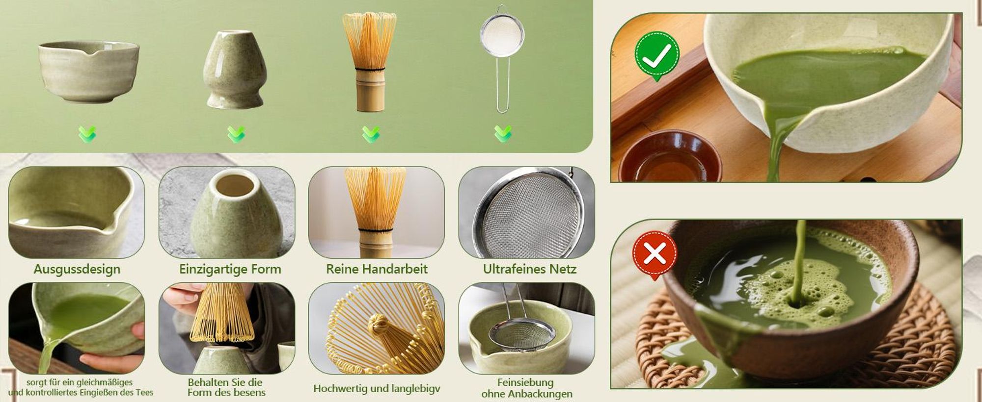 Matcha Set, Matcha Teezeremonie Set, Matcha Schneebesen, Keramik Schale, Teelöffel, Bambus Matcha Besen, Traditionelles Teezeremonie Set