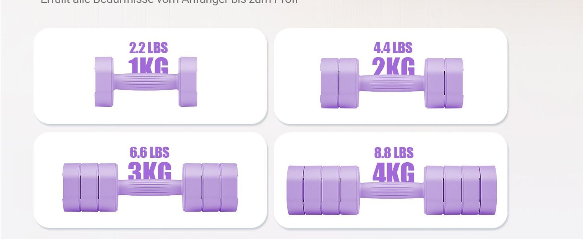 Verstellbare 4-in-1 Kurzhanteln 2er Set (1–4 kg) – Fitness Dumbbells für Zuhause & Home Gym, Krafttraining & Geschenkidee, lila