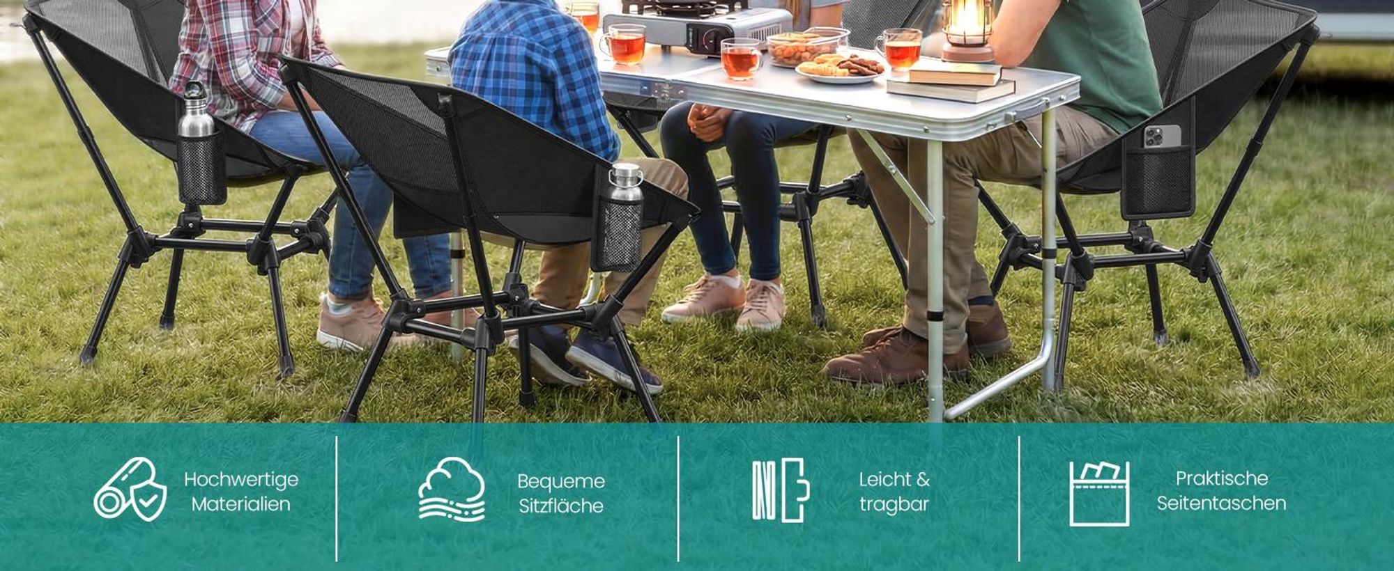 SONGMICS Campingstuhl höhenverstellbar, Klappstuhl mit Stahlrahmen, 2 Aufbewahrungstaschen, Outdoor, schwarz