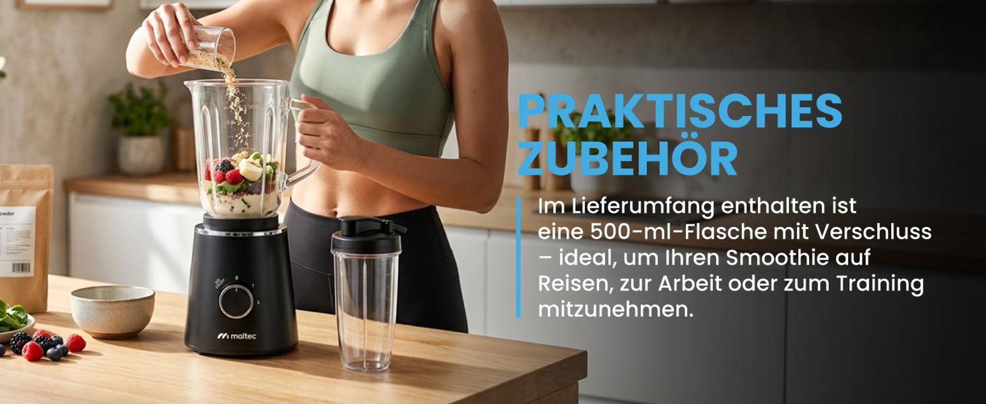 MalTec Standmixer Glas 1,5 L mit 500 ml To-Go-Flasche 1000W 6 Edelstahlklingen, 2 Geschwindigkeiten und Pulsfunktion, rutschfeste Füße  für Smoothies Suppen