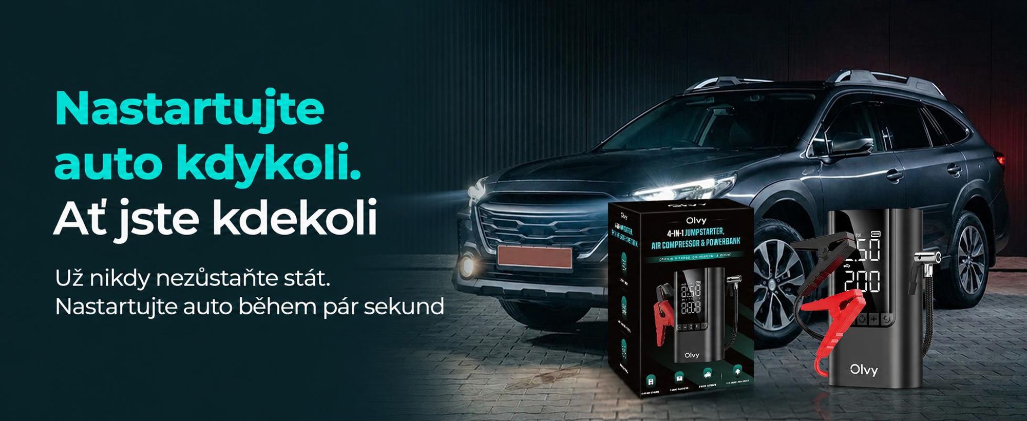 Startovací powerbanka Olvy s kompresorem 6000A - startovací zařízení pro 12V benzín/naftu, LED světlo, startovací zařízení, powerbanka, posilovač autobaterie, 12000mAh