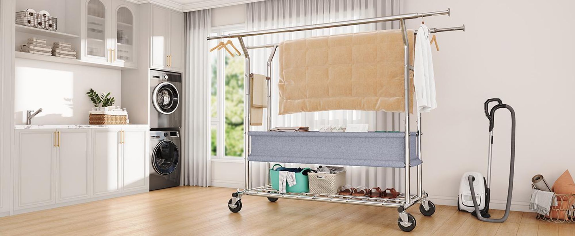 HOKEEPER Schwerlast Kleiderständer auf Rollen, Doppelter Kleiderstange,bis 283 kg belastbar,Industrie-Design, Garderobenständer