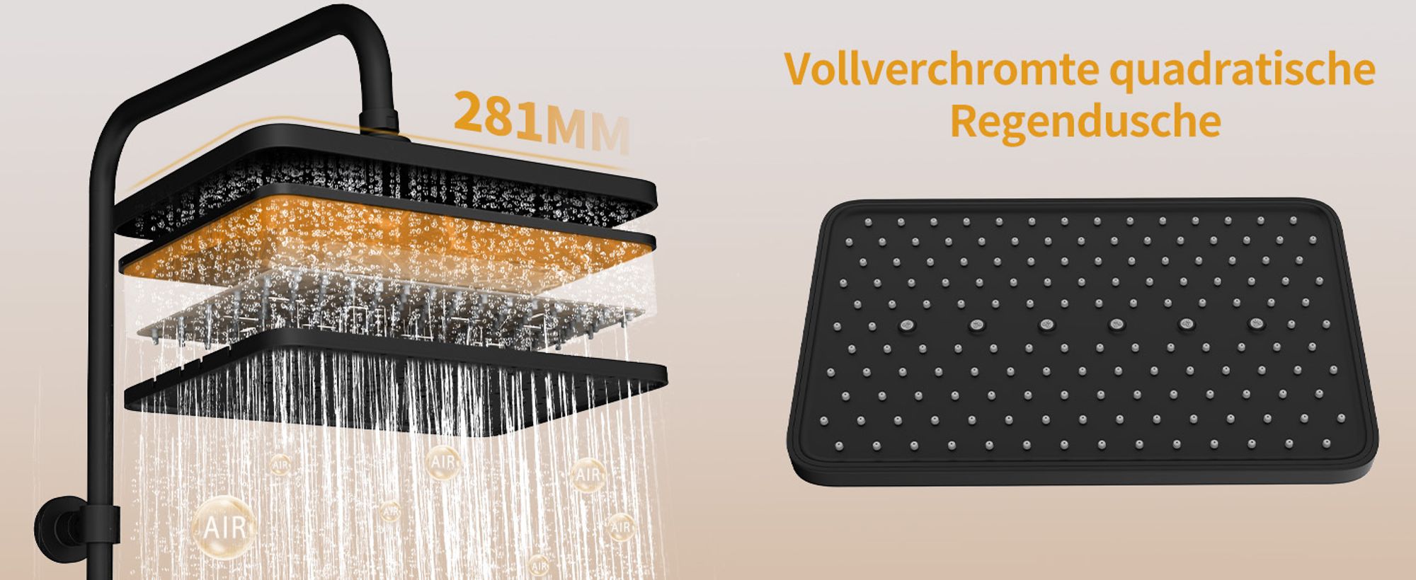 Schwarz Duschsystem mit Thermostat,  [45% wassersparende] Handbrause, HOMELIVE Regendusche mit Armatur, Duscharmatur Komplettset, Badezimmer Dusche