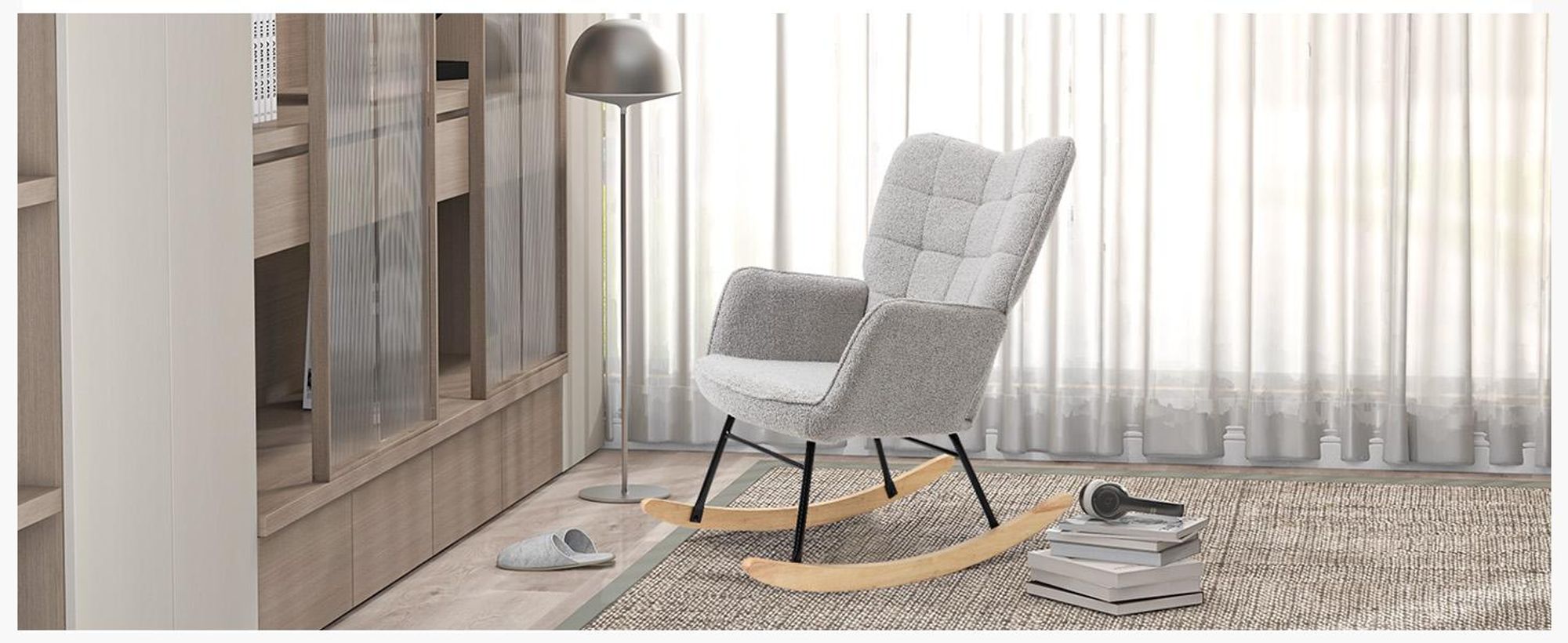 Fotel bujany HOMCOM, ergonomiczny kształt, nóżki z prawdziwego drewna, nośność do 120 kg, jasnoszary