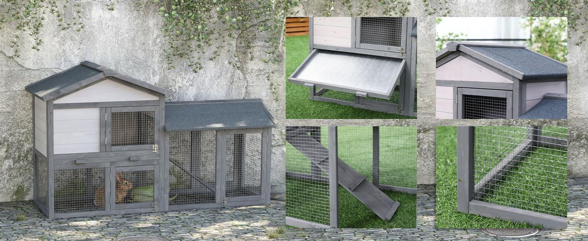PawHut Kleintierstall mit Freilauf Kleintierkäfig für draußen Tannenholz Grau