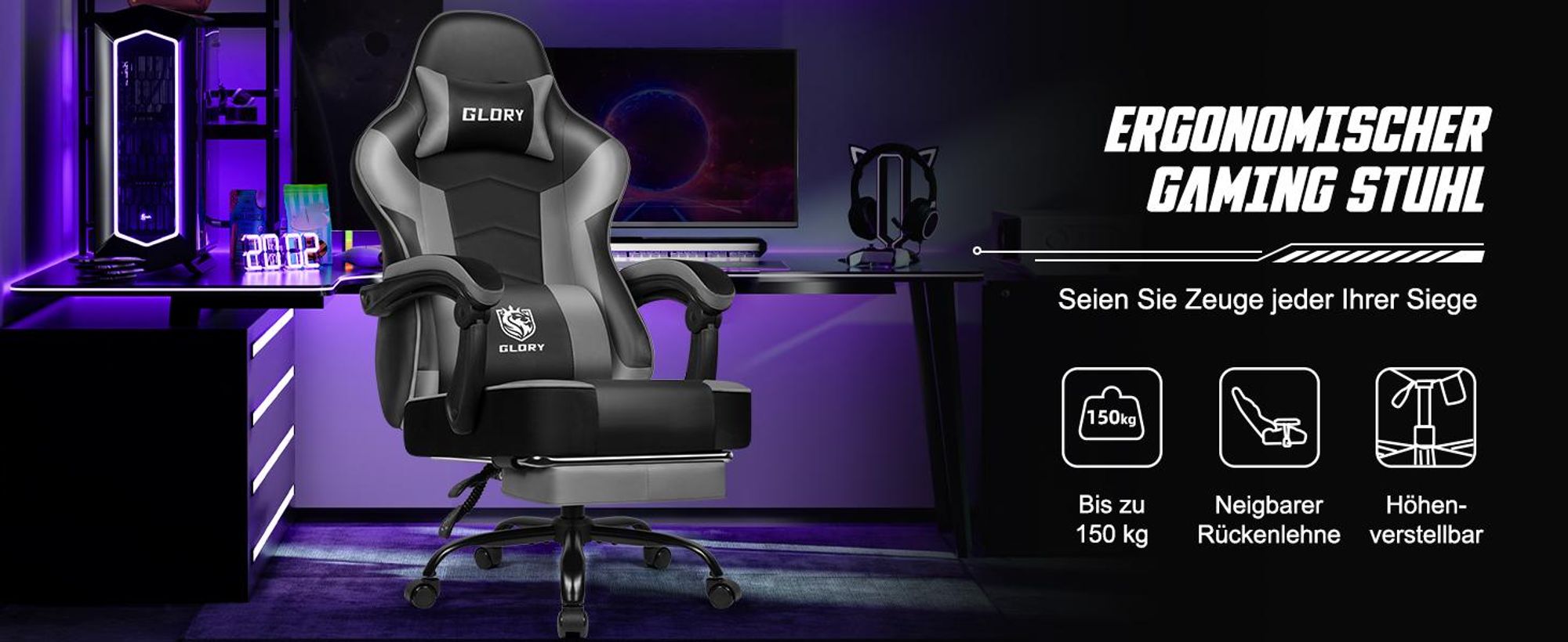 Aiibot Gaming Stuhl Bürostuhl Schreibtischstuhl Ergonomischer Gaming Sessel mit Fußstütze und Lordosenstütze, Wippfunktion90°-170°, Grau