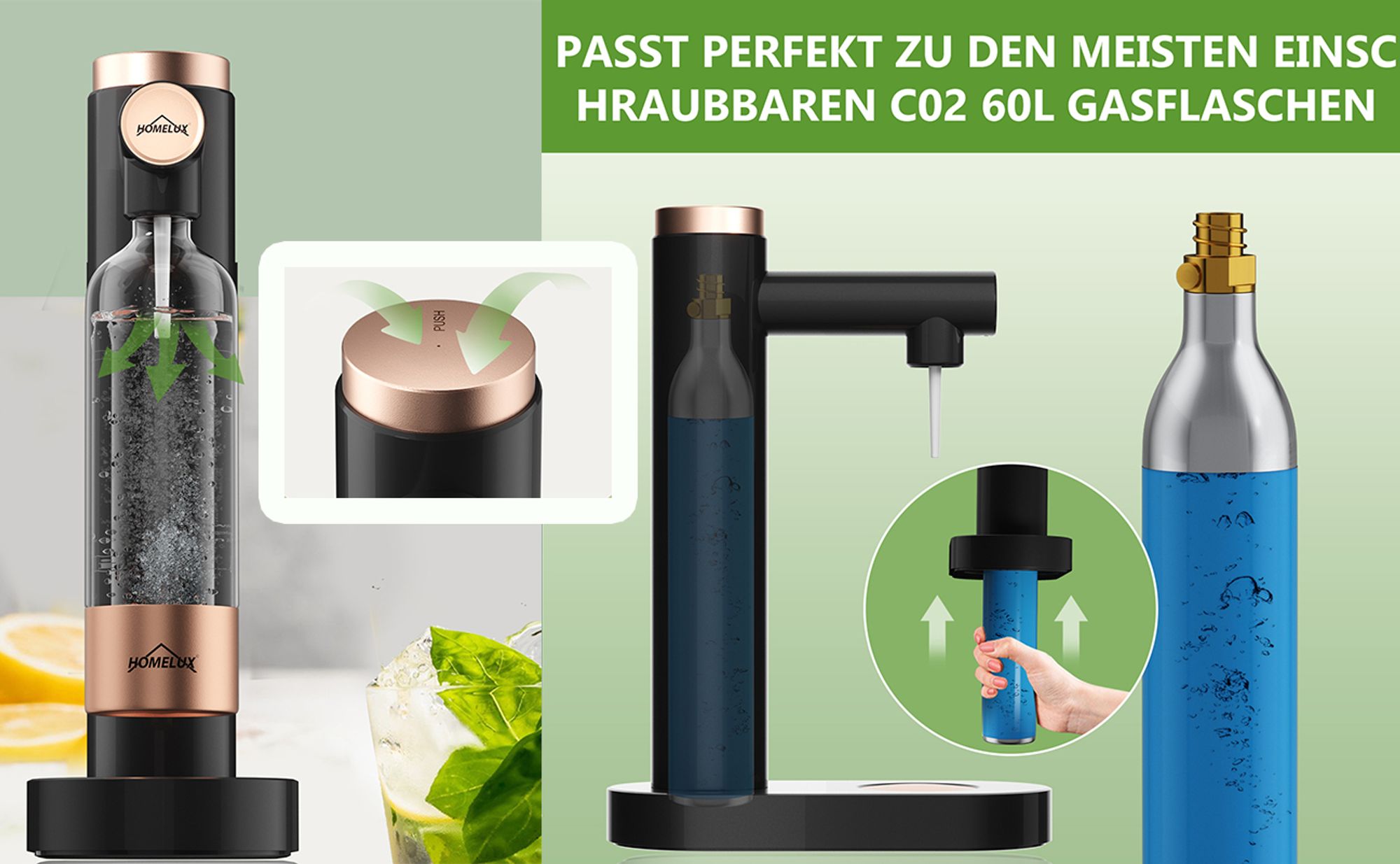 HOMELUX Wassersprudler, Sprudelwasser Maschine Mit 2 x 1L PET-Flaschen Bpa-Frei, Soda Maker, Wasser Sprudel GeräT, Water Carbonator, Schwarz