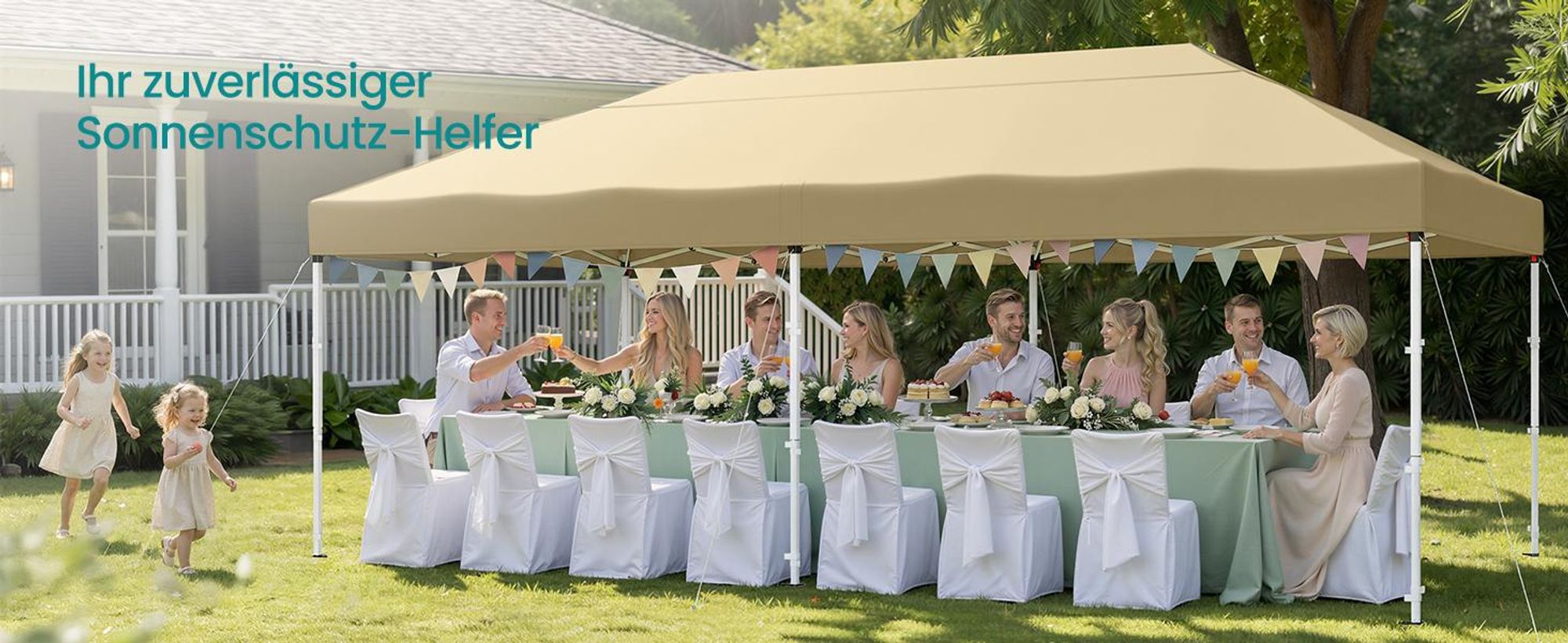 SONGMICS Faltzelt 6 x 3 m, mit Seitenwänden, stabil, tragbar, Pavillon für Garten, Hof, Party, Sonnenschutz, beige