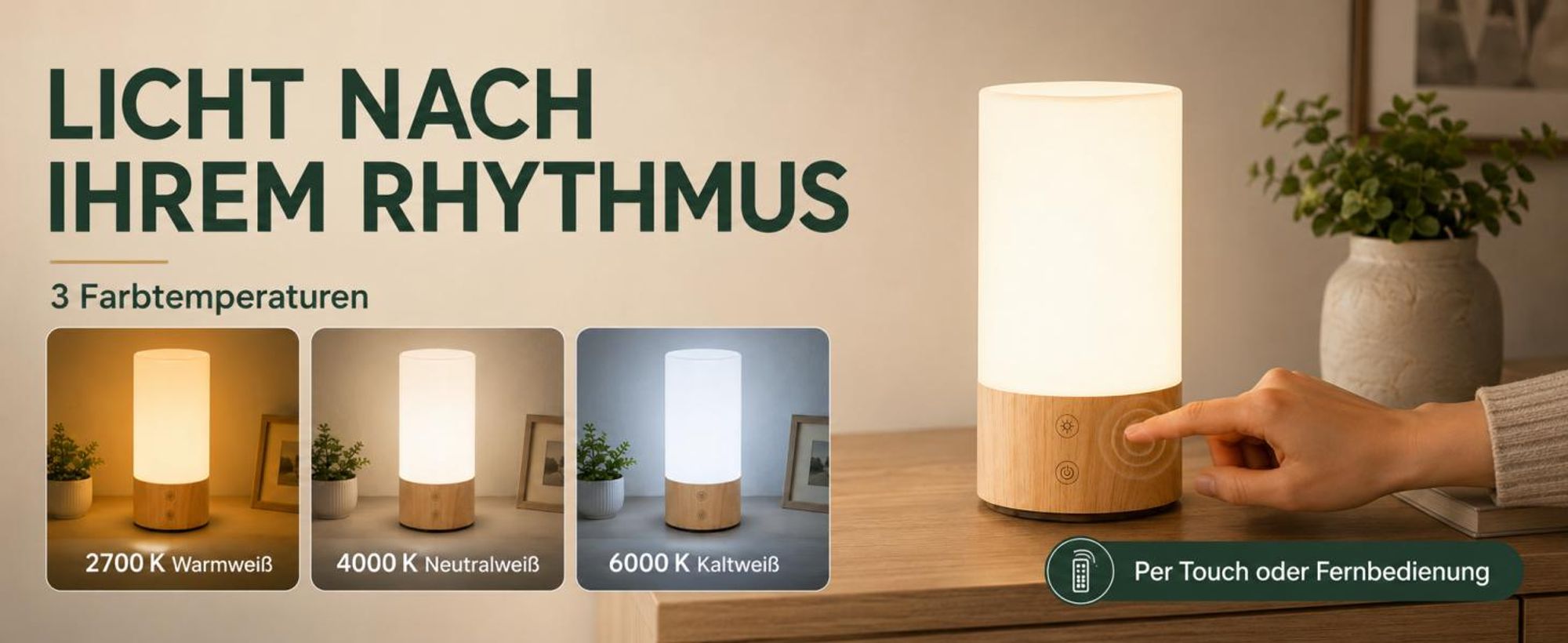 10.000 Lux Lichttherapielampe mit Fernbedienung, UV-frei, Vollspektrum-Tageslichtlampe mit Timer, 3 Farbtemperaturen, stufenlos dimmbar, Holzsockel