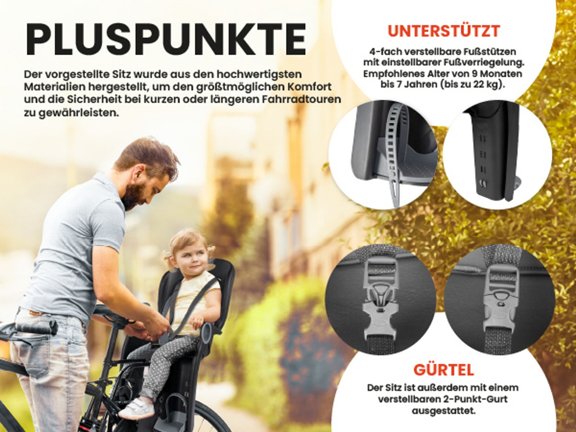 Fahrradsitz für Fahrrad Kindersitz mit Gürtel bis 22kg