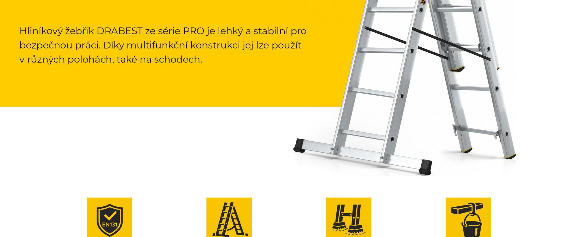 DRABEST | Žebřík - Řada PRO - Hliníkový víceúčelový žebřík, 3 díly - Průmyslový žebřík 3 x 7 schodů - Pracovní výška 5 m - až 150 kg - vč. háku na kbe