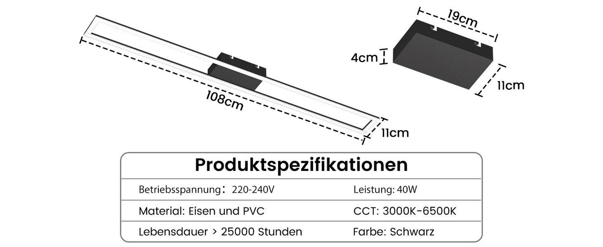 ZMH LED Deckenleuchte Schwarze Rechteckig Wohnzimmerlampe Moderne 40 W Schlafzimmerlampe dimmbar mit Fernbedienung