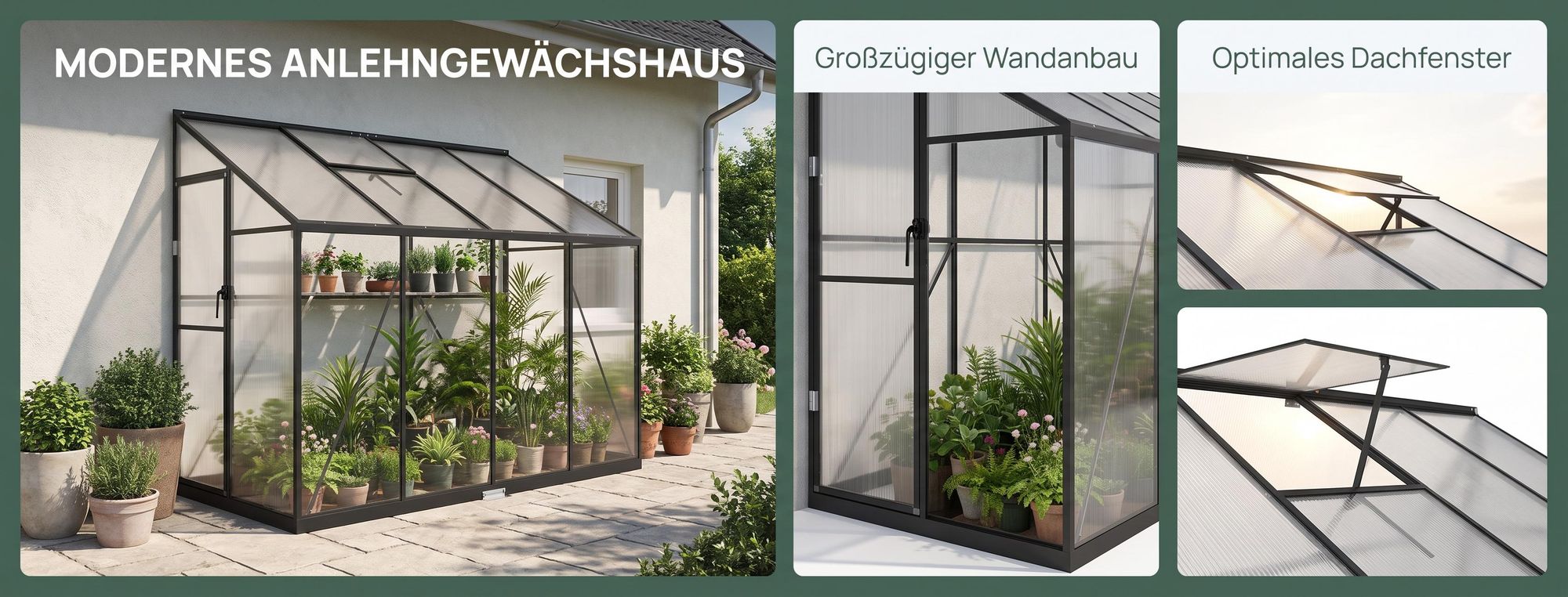 ROSEJANE Anlehngewächshaus winterfest aus Aluminium mit Schiebetür und Dachfenster, Gewächshaus mit 4 mm Polycarbonat-Hohlkammerplatten,125 x 110 x 195 cm