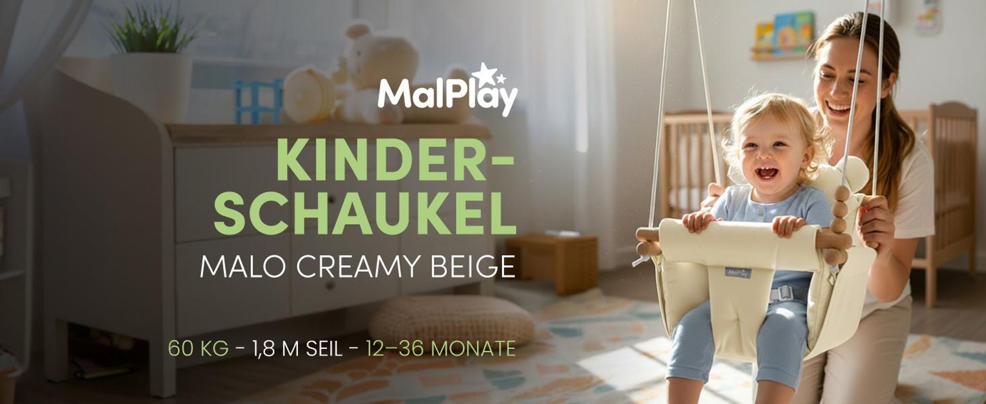 Beigefarbene Kinderschaukel an Seilen mit Baumwollkissen