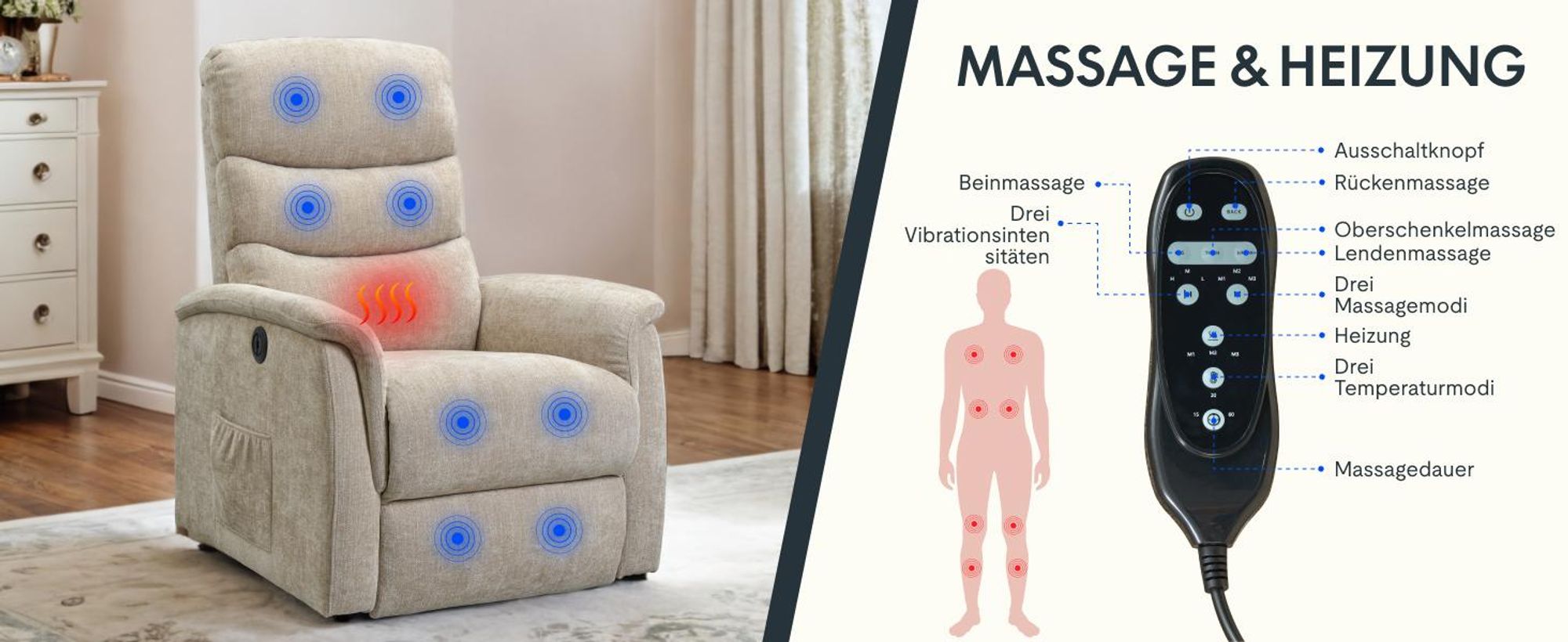 FLEXISPOT XL3 Pro Elektrischer Massagesessel mit Heizfunktion, Aufstehhilfe, USB-Anschluss, Fernbedienung und Seitentasche für Senioren (Beige)