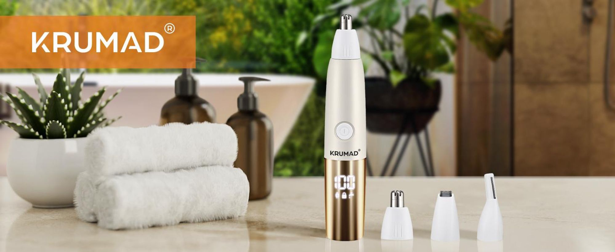 KRUMAD Nasenhaartrimmer Herren 3-in-1 – Wiederaufladbarer Präzisionstrimmer mit Digitalanzeige, 7000 U/min, USB-C – Für Nase, Ohren & Augenbrauen
