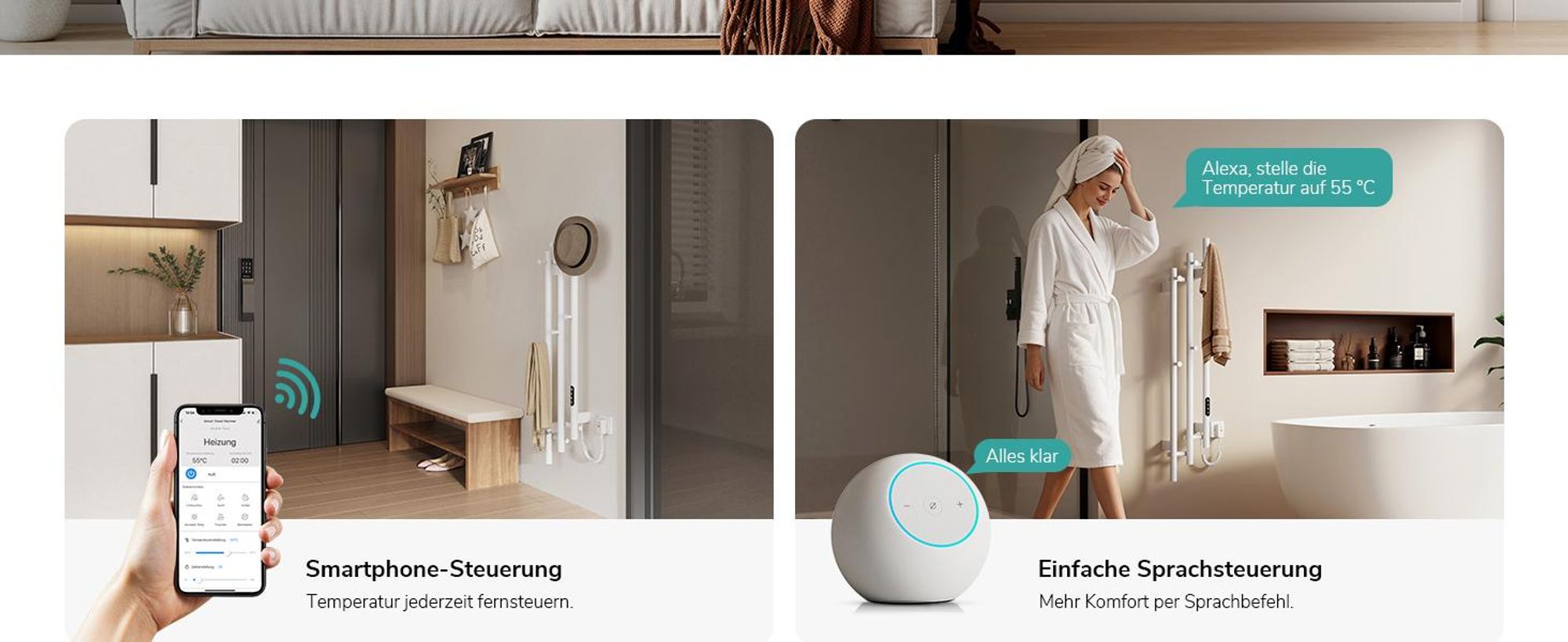 EMKE Elektrischer Handtuchheizkörper WLAN-App Steuerung mit Wochenprogramm LED Touchscreen Kompakt 3-Rohr Handtuchtrockner 115x21,6cm 220W Weiß