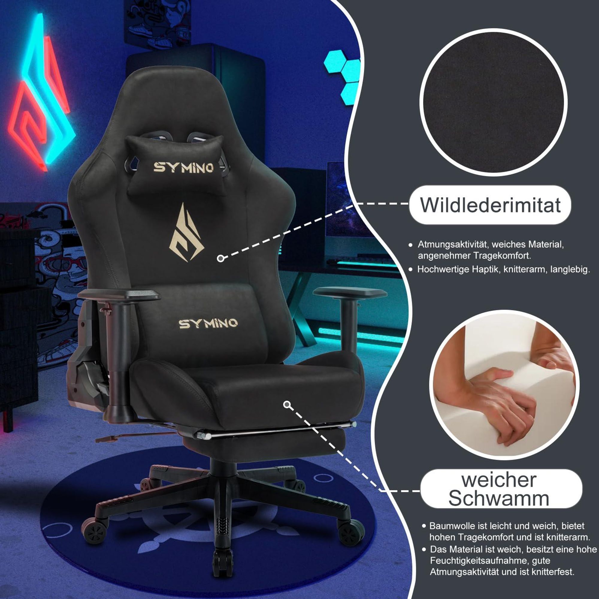 Schwarzer Gaming-Stuhl, Materialdetails dargestellt