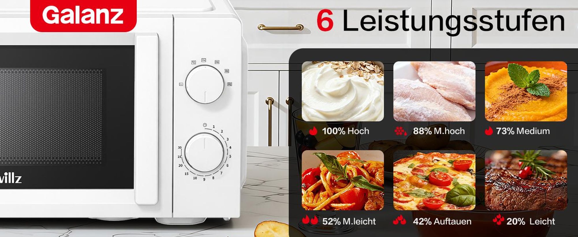 WILLZ Mikrowelle 20L 700W 6 Stufen Drehregler Auftaufunktion weiß