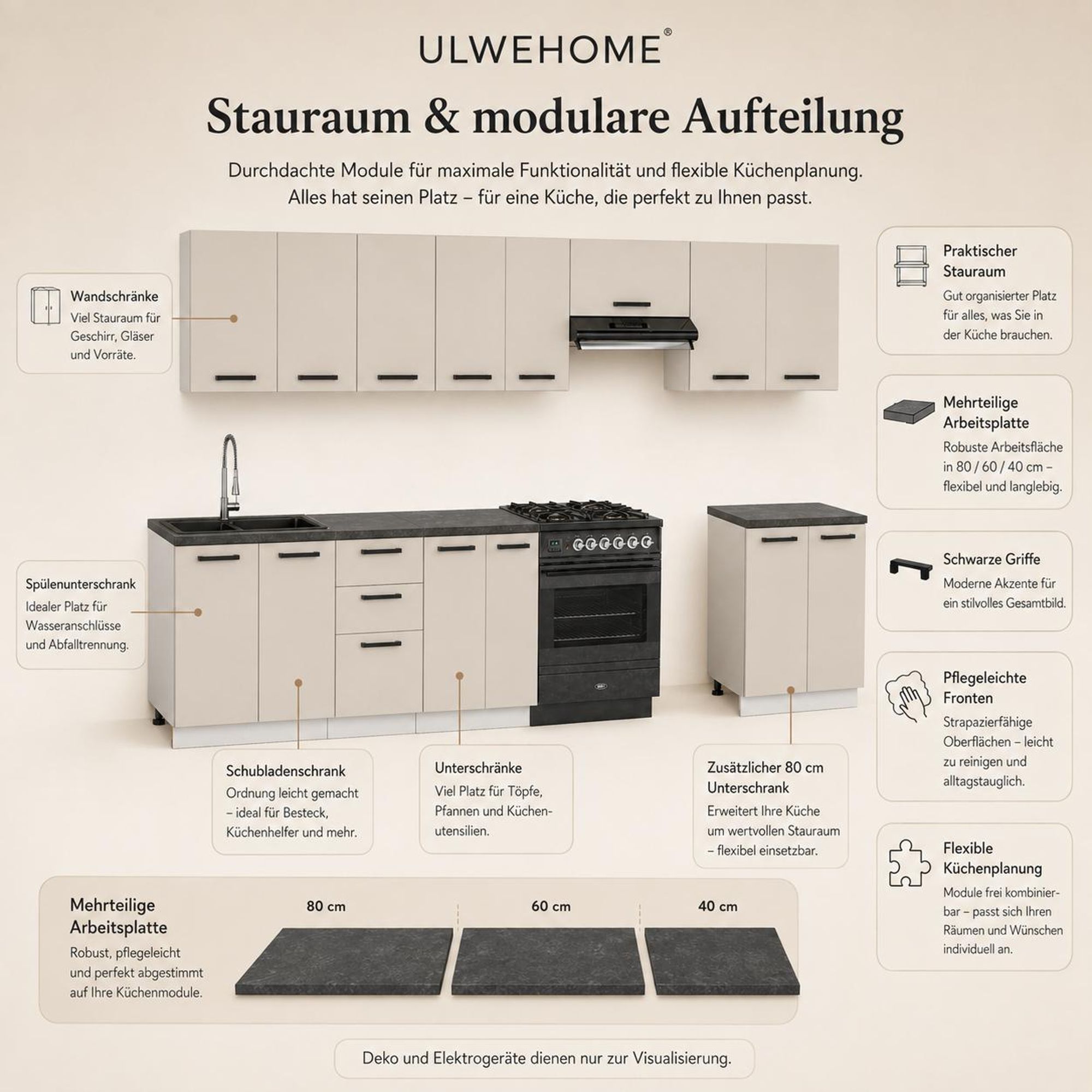 Küchenzeile 320 cm Kaschmir Beige: Modulare Schränke & Arbeitsplatte