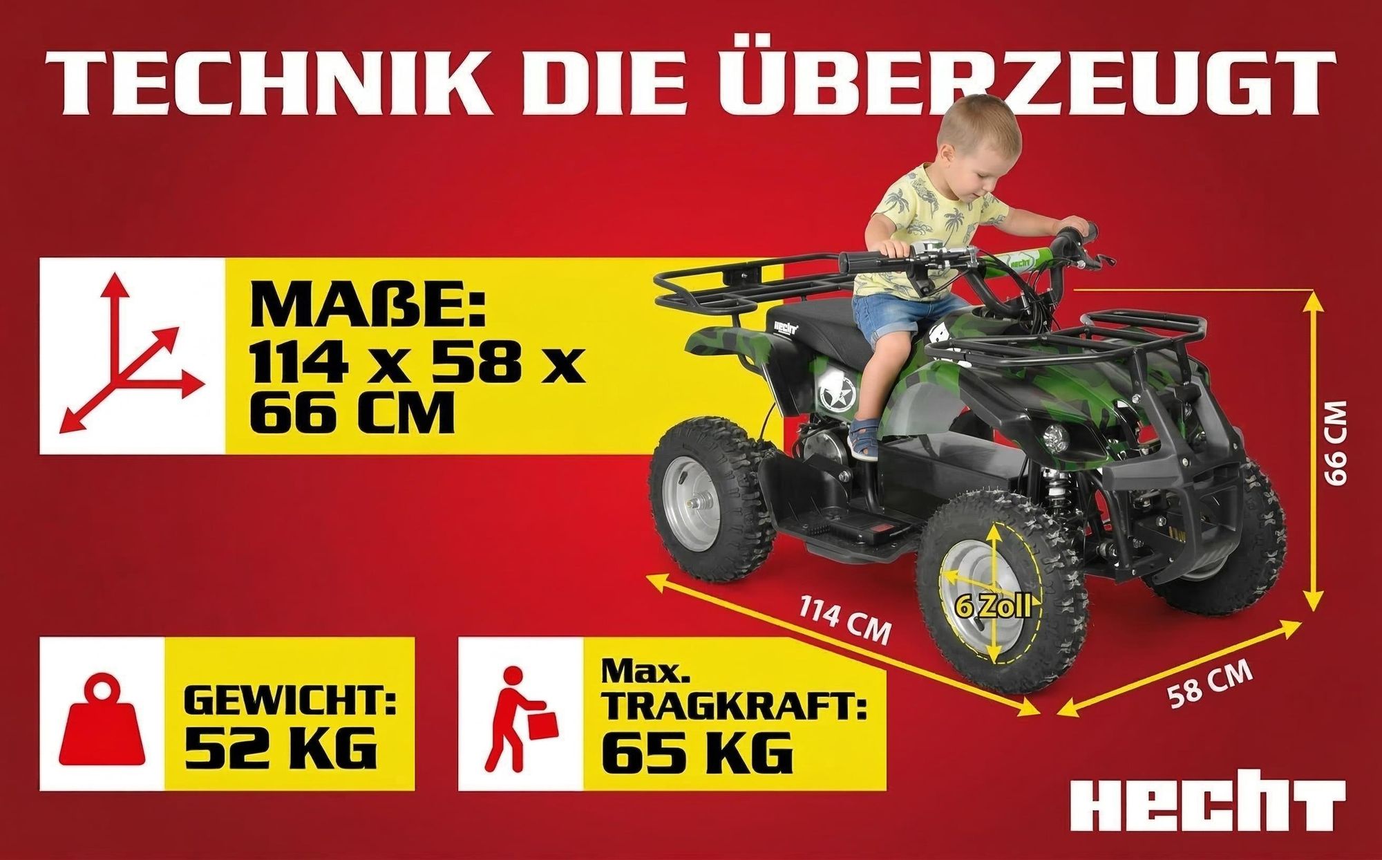 HECHT 56100 Kinder Elektro Quad bis 25km/h 1000W bis 65kg Tragkraft 36V 12Ah Akku 8-15h Ladezeit