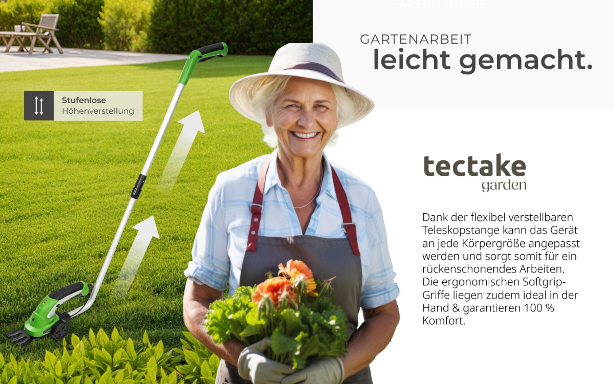 tectake® Akku Heckenschere 7,2 V mit 2 Aufsätzen inklusive Teleskopstange