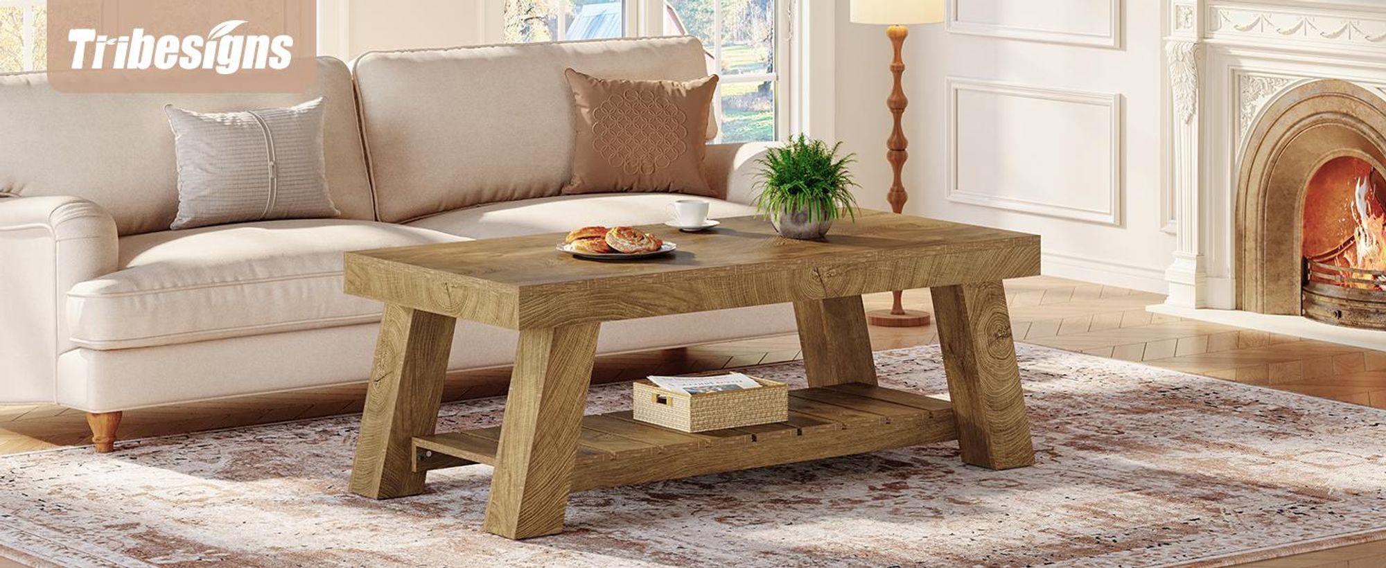 Tribesigns Rechteckiger Couchtisch, 120 cm, Landhausstil, zweistöckiger Beistelltisch mit Ablagefächern für Wohnzimmer und Wohnung