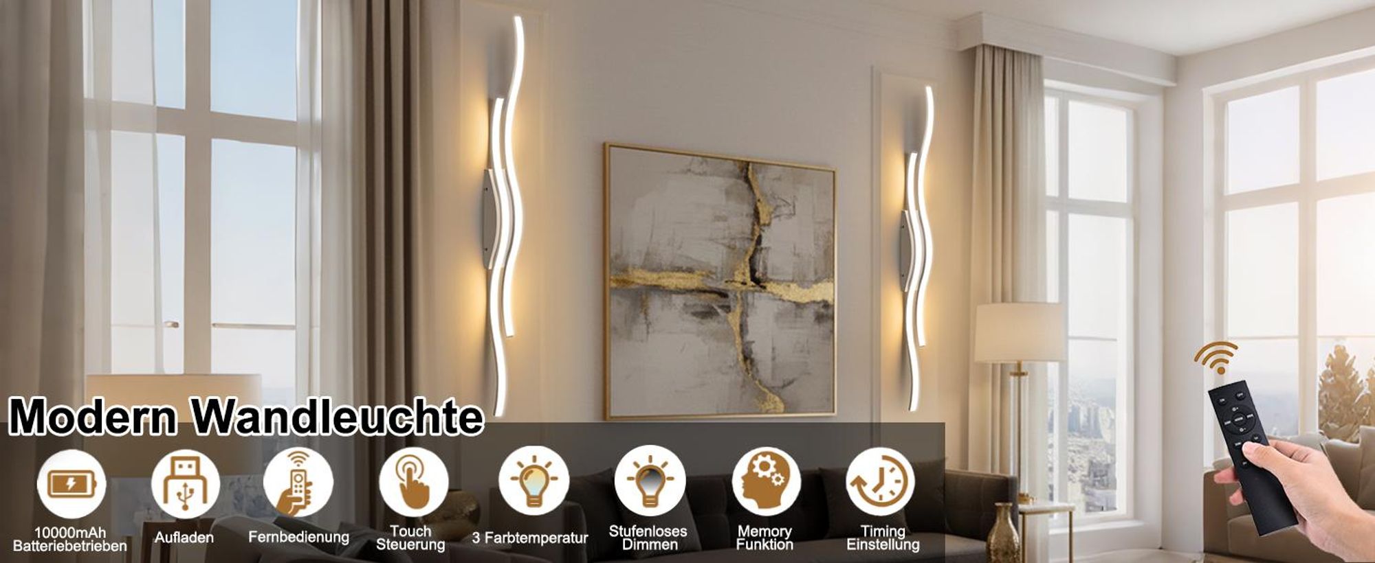 2 Stück LED Wandleuchte Wellenform Innen Modern Dimmbar 3 Farbtemperaturen Wiederaufladbar Wandlampe mit Fernbedienung, Weiß
