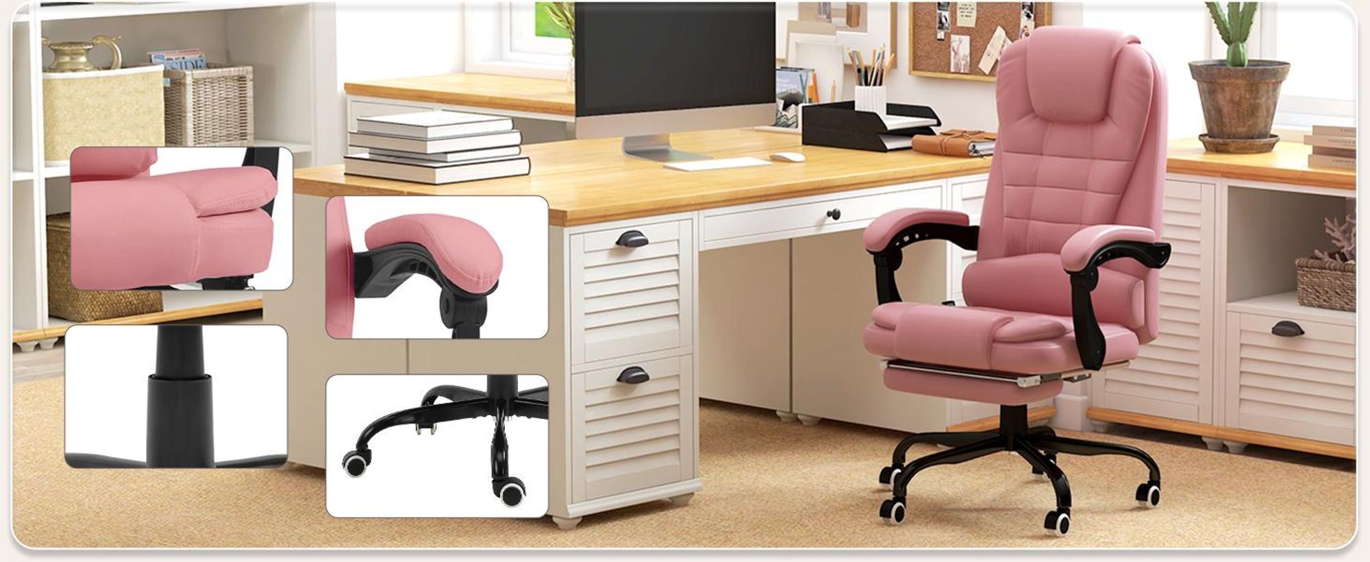 Fotel biurowy Vinsetto z funkcją masażu, ergonomiczny fotel biurowy z funkcją odchylania, obrotowy fotel biurowy z regulacją wysokości i pilotem, kieszeń boczna, sztuczna skóra, różowy