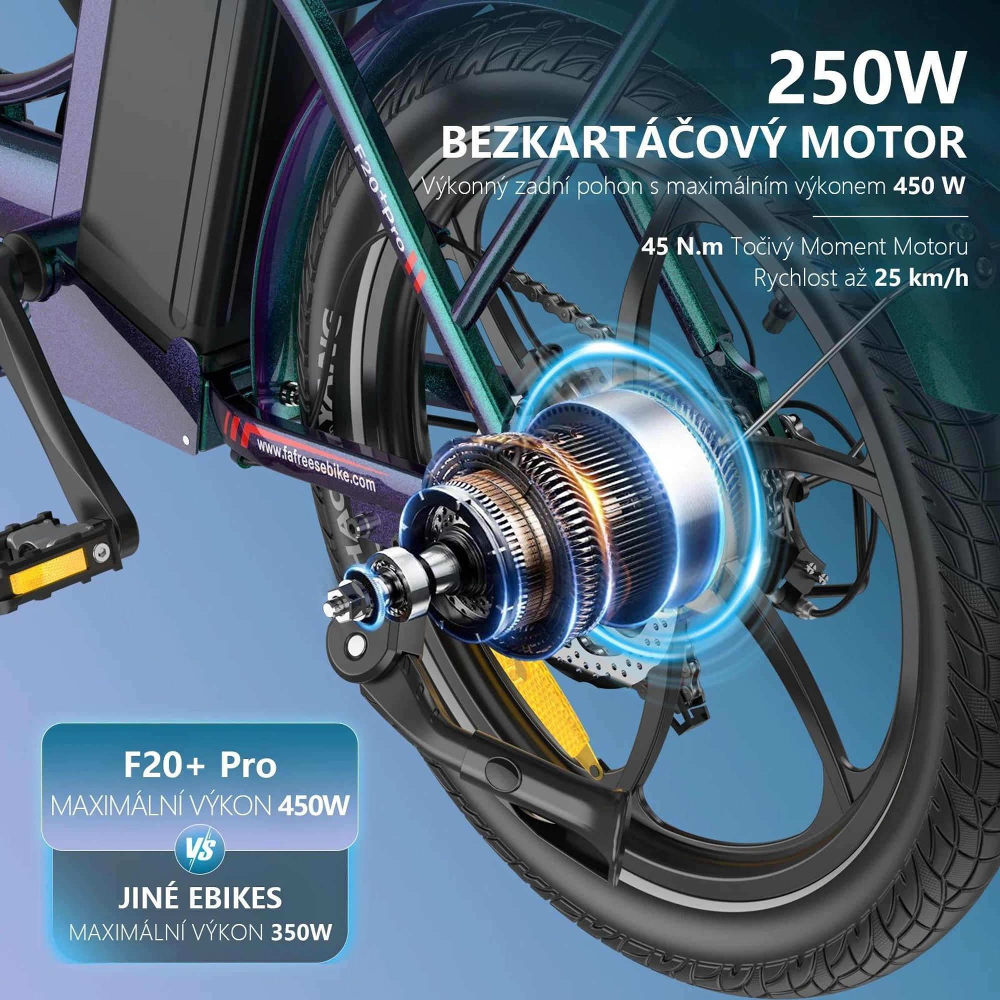 Elektrokolo FAFREES F20+ Pro - Motor 250W Baterie 36V25Ah Pneumatiky 20" Mechanické Kotoučové Brzdy - Modrá Aurora