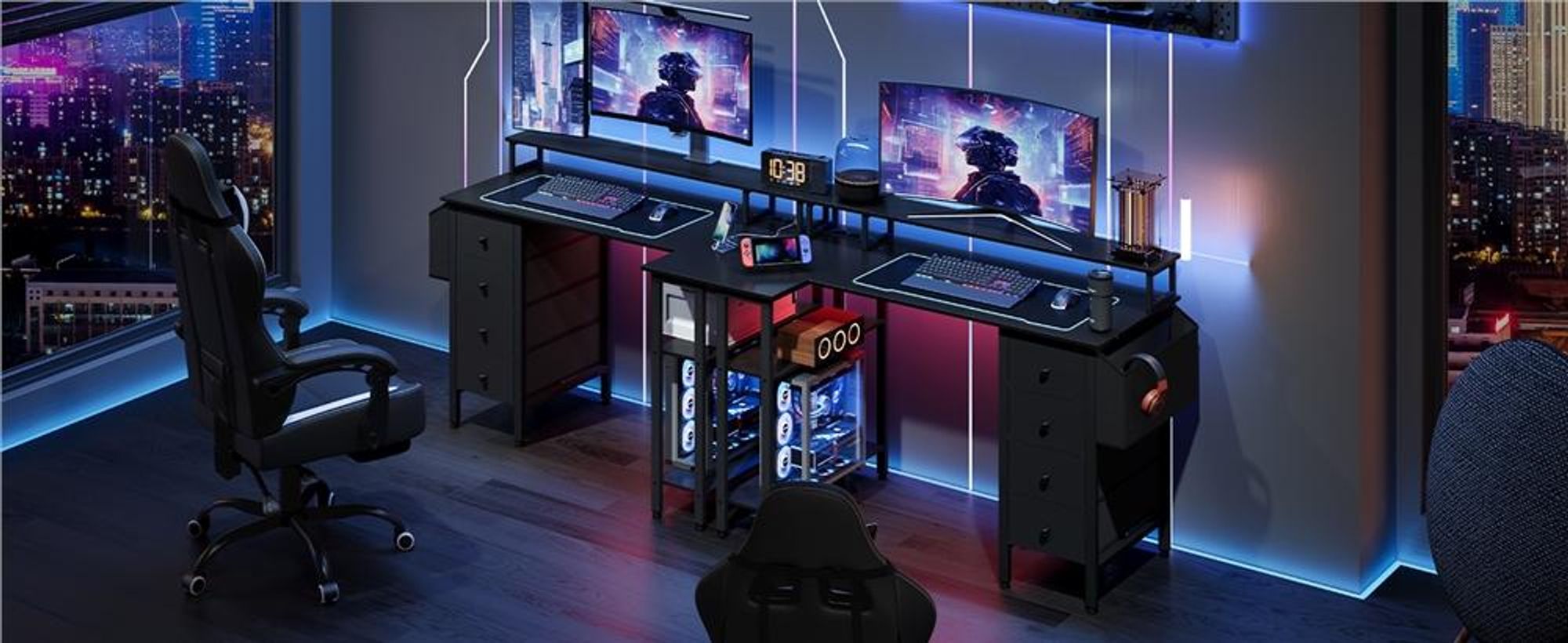 Yaheetech L-förmiger Computertisch, Schreibtisch mit Ladestation, umkehrbarer Gaming-Tisch, mit Monitorhalterung & Aufbewahrungstasche, Schwarz