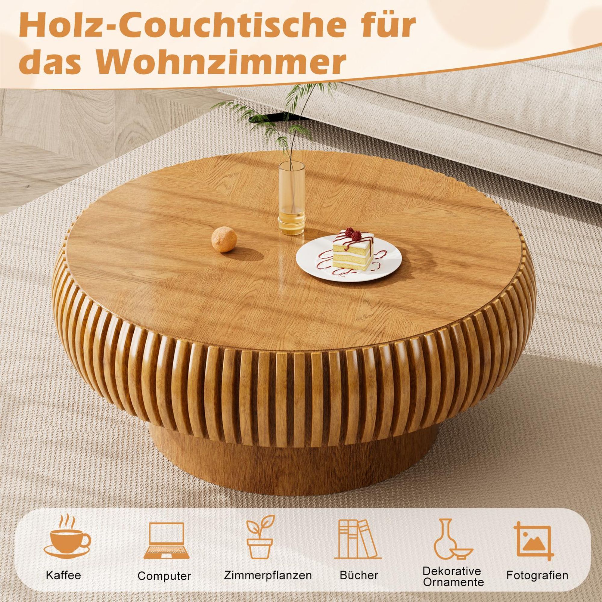 Couchtisch rund 70 cm modern, Wohnzimmertisch Holzoptik Rillenstruktur braun, 70×35 cm
