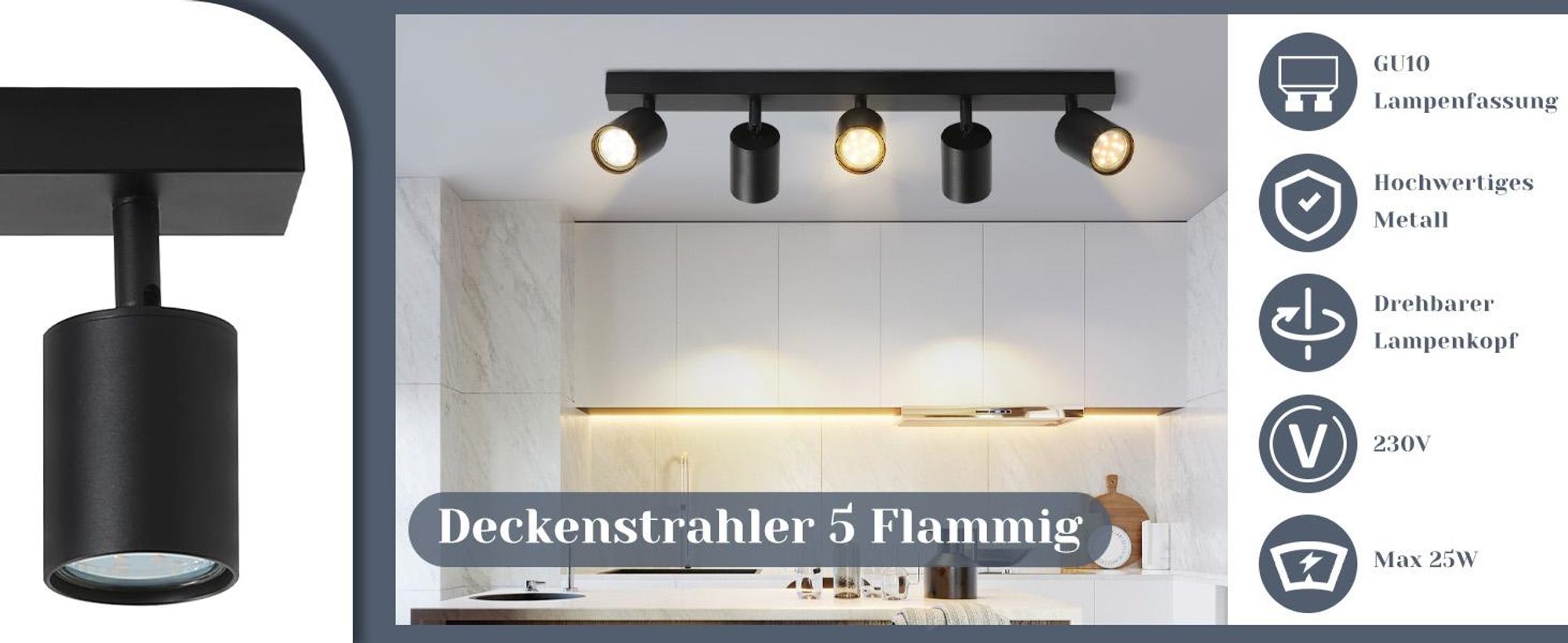 ZMH LED plafondlamp, zwart, 5 lichtpunten. Moderne plafondlamp, verstelbare spots (350°) met GU10 fitting, geschikt voor woonkamer, slaapkamer en hal. Metalen plafondspots