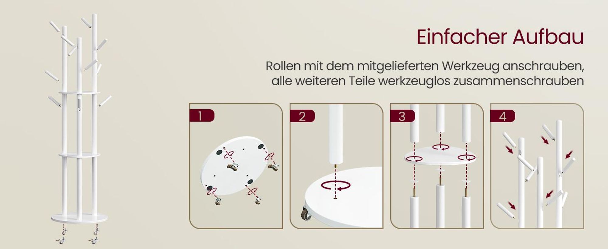 Garderobenständer, Kleiderständer mit 11 Haken und 3 Ablagen, 4 drehbare und abnehmbare Rollen, wolkenweiß