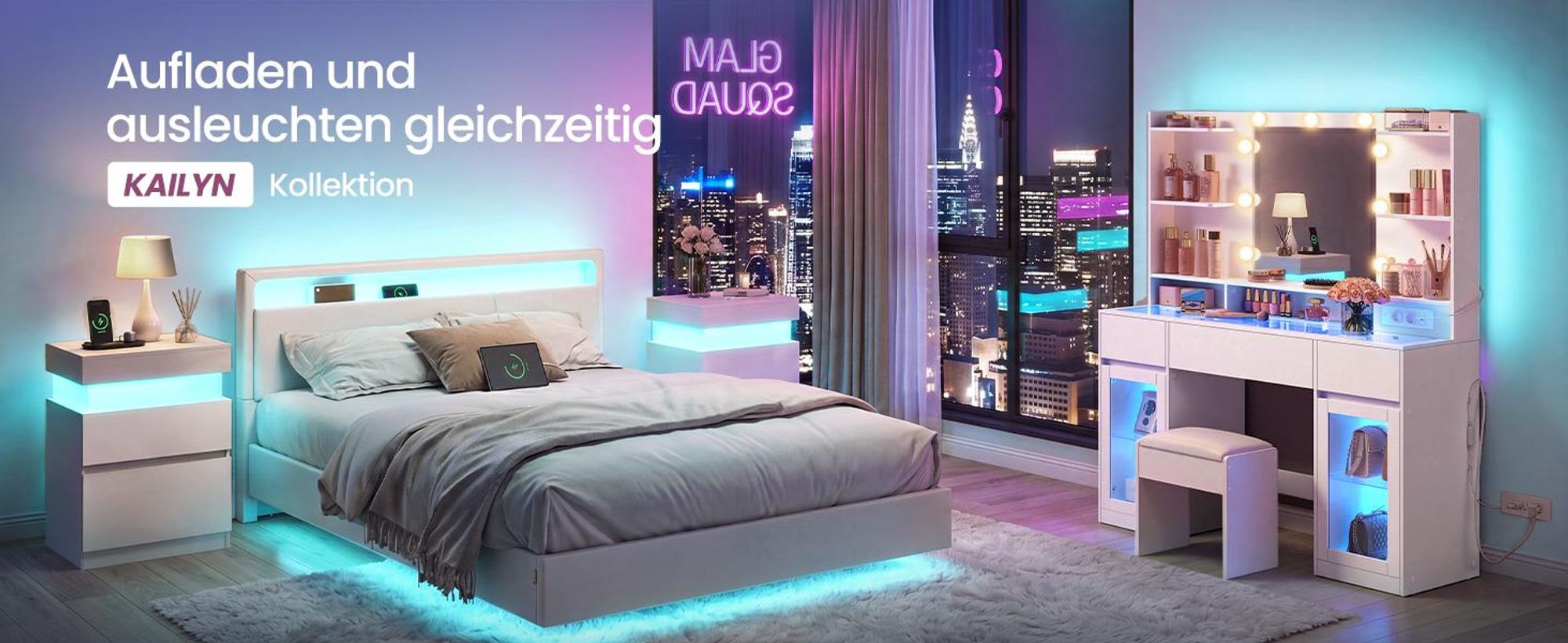 VASAGLE Schminktisch mit Spiegel, RGB-Beleuchtung, Steckdose und 2 Schränken, 107 x 40 x 144,5 cm, Weiß