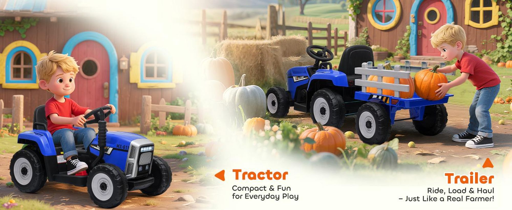 Elektryczny traktor HOMCOM z przyczepą, 12 V, dziecięcy traktorek z pilotem 2.4G, 2 silnikami, muzyką, klaksonem i funkcją USB, elektryczny samochodzik dla dzieci w wieku 3-6 lat, niebieski