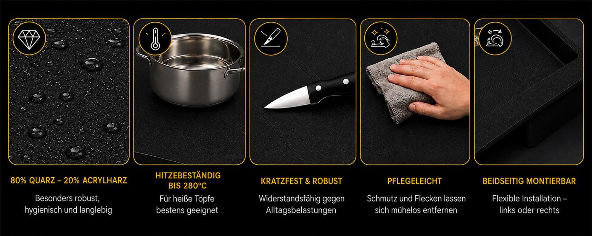 Granitspüle 76x44 cm mit Armatur Schwarz Gesprenkelt – Küchenspüle aus Granit, Einbauspüle Eckig, Beidseitig Montierbar, Spülbecken inkl. Siphon Set, Für 45 cm Unterschrank, Kratzfest & Hitzebeständig : Schwarz Gesprenkelt